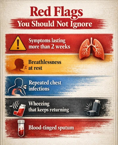 Warning signs of lung problems, including breathlessness, chest infections, wheezing, blood-tinged sputum, and symptoms lasting over 2 weeks