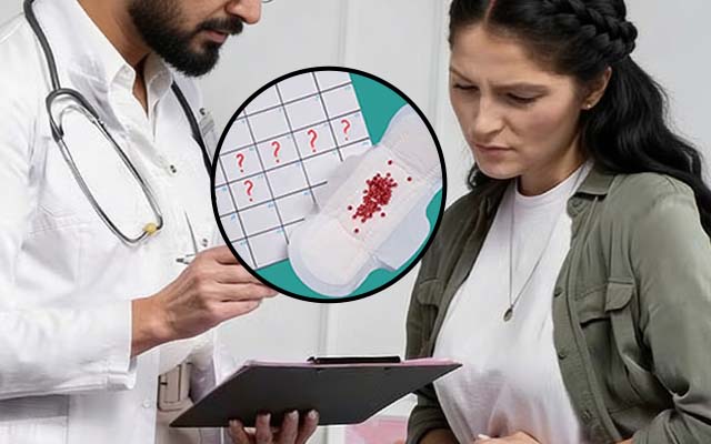 Doctor consulting woman about irregular bleeding, heavy periods and menstrual health concerns