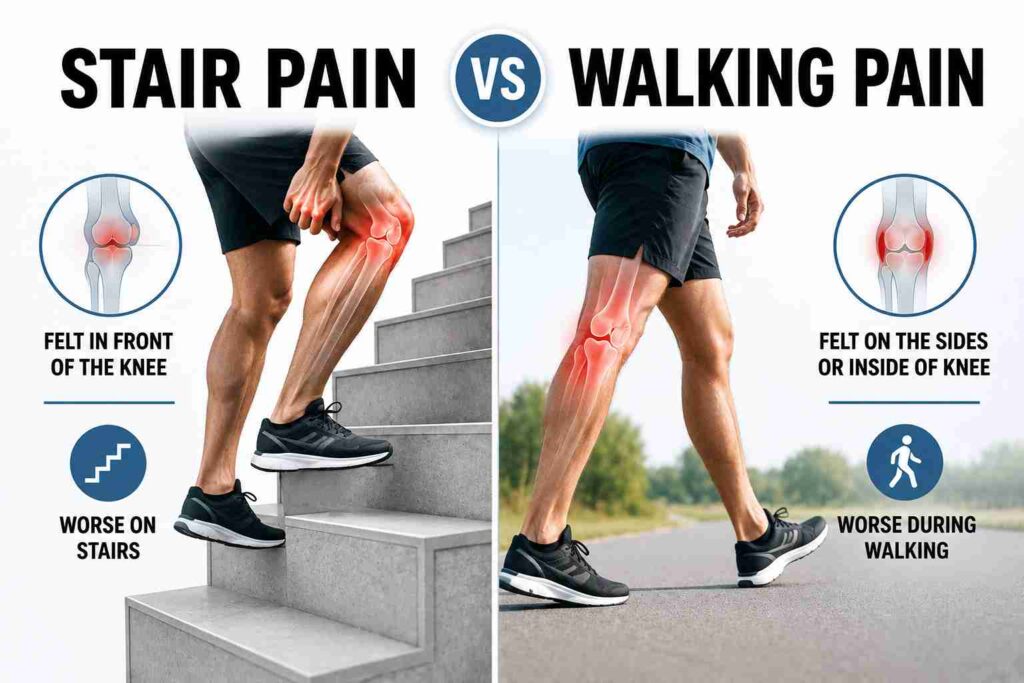Infographic comparing knee pain on stairs versus walking pain, showing pain location in the front, sides, and inside of the knee.