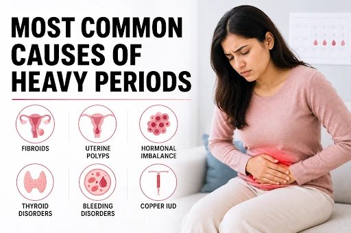 Common causes of heavy periods including fibroids, uterine polyps, hormonal imbalance and thyroid disorders