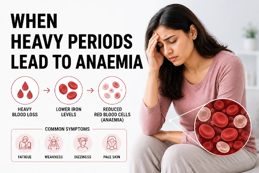 Heavy periods leading to anaemia with symptoms like fatigue, weakness, dizziness and low iron levels