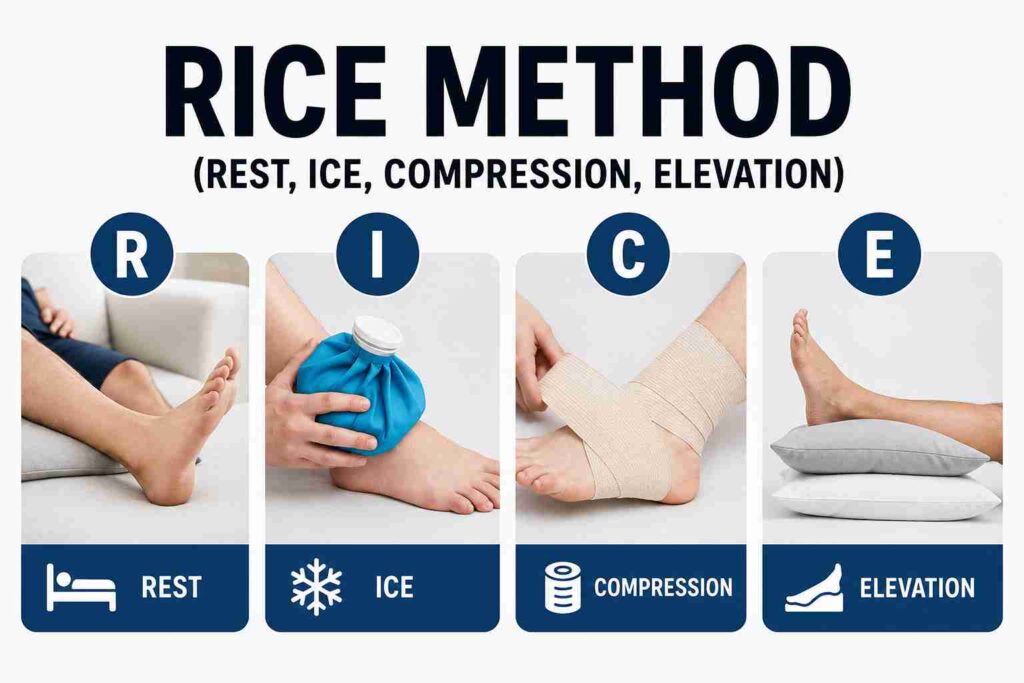 RICE method infographic showing rest, ice, compression, and elevation steps for knee pain, ankle injury, swelling, and recovery care.
