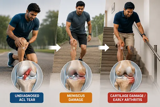Medical illustration showing common knee injuries such as ACL tear and knee sprain with detailed knee anatomy and injury locations