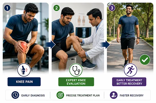 Orthopedic doctor examining patient’s knee with medical illustration showing minimally invasive knee treatment procedure