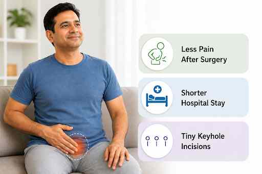 Benefits of minimally invasive surgery including less pain after surgery, shorter hospital stay, and tiny keyhole incisions