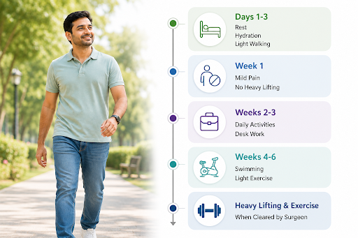 Patient recovery timeline after minimally invasive surgery showing rest, walking, daily activities, swimming, and gradual return to exercise