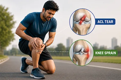 Illustration showing knee injury progression from undiagnosed ACL tear to meniscus damage and cartilage damage leading to early arthritis