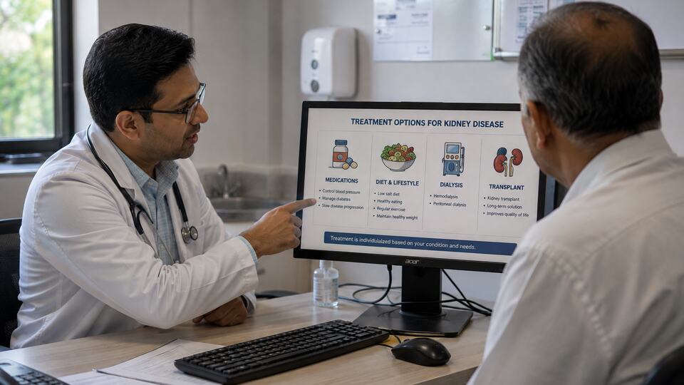 Doctor explaining kidney disease treatment options including medication, lifestyle changes, dialysis and transplant care to a patient