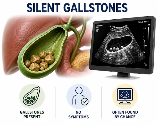 Medical infographic explaining when gallstone treatment may be needed due to bile duct stones, large stones, abnormal gallbladder wall or high-risk findings