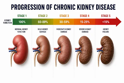 Chronic kidney disease progression stages showing changes in kidney function from stage 1 to stage 5
