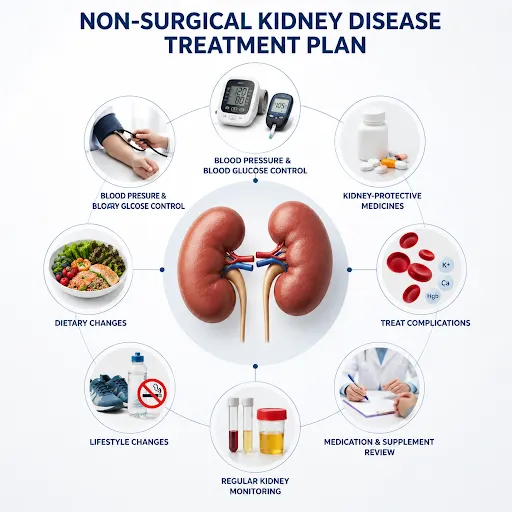 Infographic showing non-surgical kidney disease treatment approaches including diet changes, medicines, lifestyle changes and kidney monitoring
