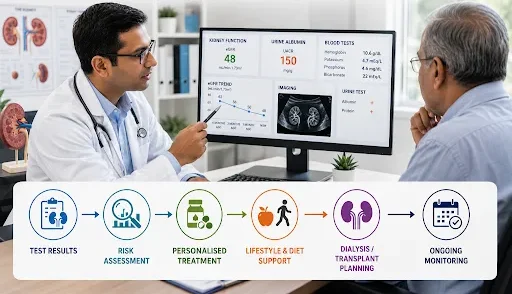 Nephrologist discussing kidney health reports and treatment options with a patient during consultation