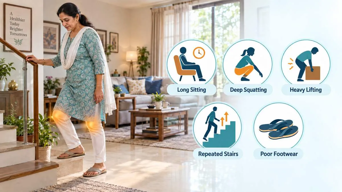 Indian woman walking downstairs with highlighted knee discomfort, alongside icons showing prolonged sitting, deep squatting, heavy lifting, repeated stair climbing, and poor footwear.