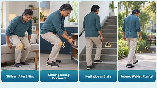 Older man experiencing knee stiffness after sitting, clicking during movement, hesitation on stairs, and reduced walking comfort.