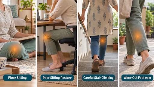Illustrations showing floor sitting, poor sitting posture, stair climbing, and worn-out footwear that may contribute to knee discomfort.