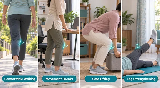 Four illustrations showing comfortable walking, regular movement breaks, safe lifting techniques, and leg strengthening exercises to support knee health.